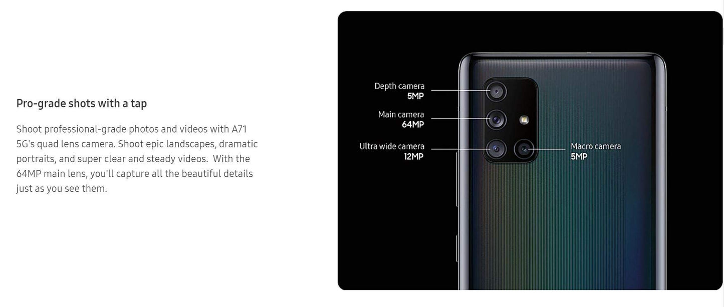 Samsung Galaxy A71 A716U 5G 128GB, GSM Unlocked, Prism Cube Black (Renewed)