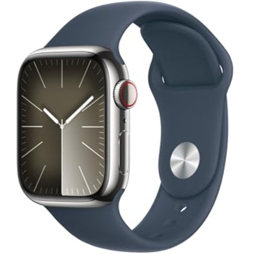 Apple Watch Series 9 [GPS + Cellular, 41mm] - Silver Stainless Steel Case with Storm Blue Sport Band, S/M (Renewed)