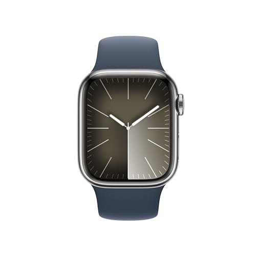 Apple Watch Series 9 [GPS + Cellular, 41mm] - Silver Stainless Steel Case with Storm Blue Sport Band, S/M (Renewed)