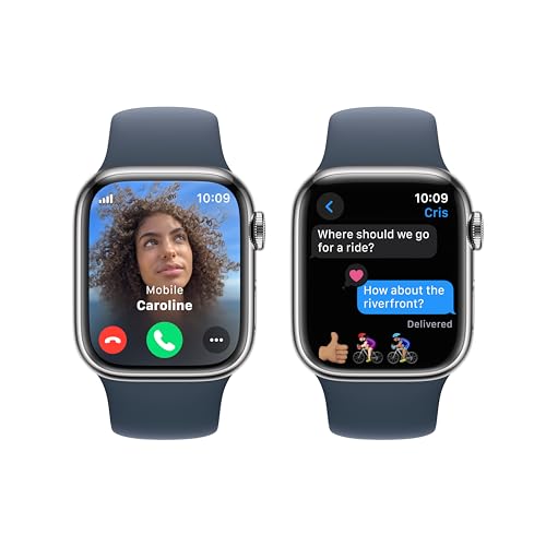 Apple Watch Series 9 [GPS + Cellular, 41mm] - Silver Stainless Steel Case with Storm Blue Sport Band, S/M (Renewed)